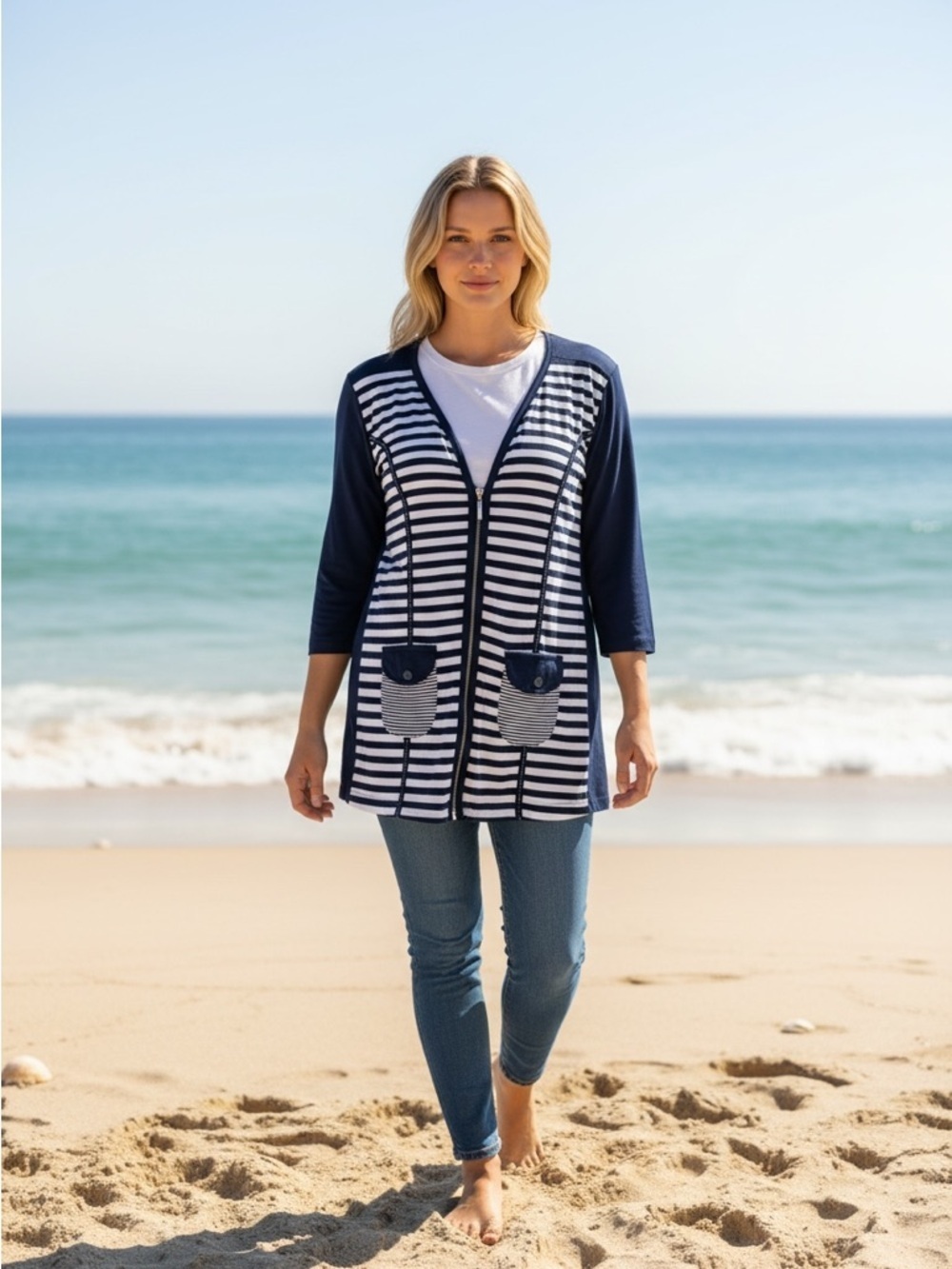 TT ROTTFİELD Navy White Striped Zip Viscose Cardigan with Patch Pockets Size L